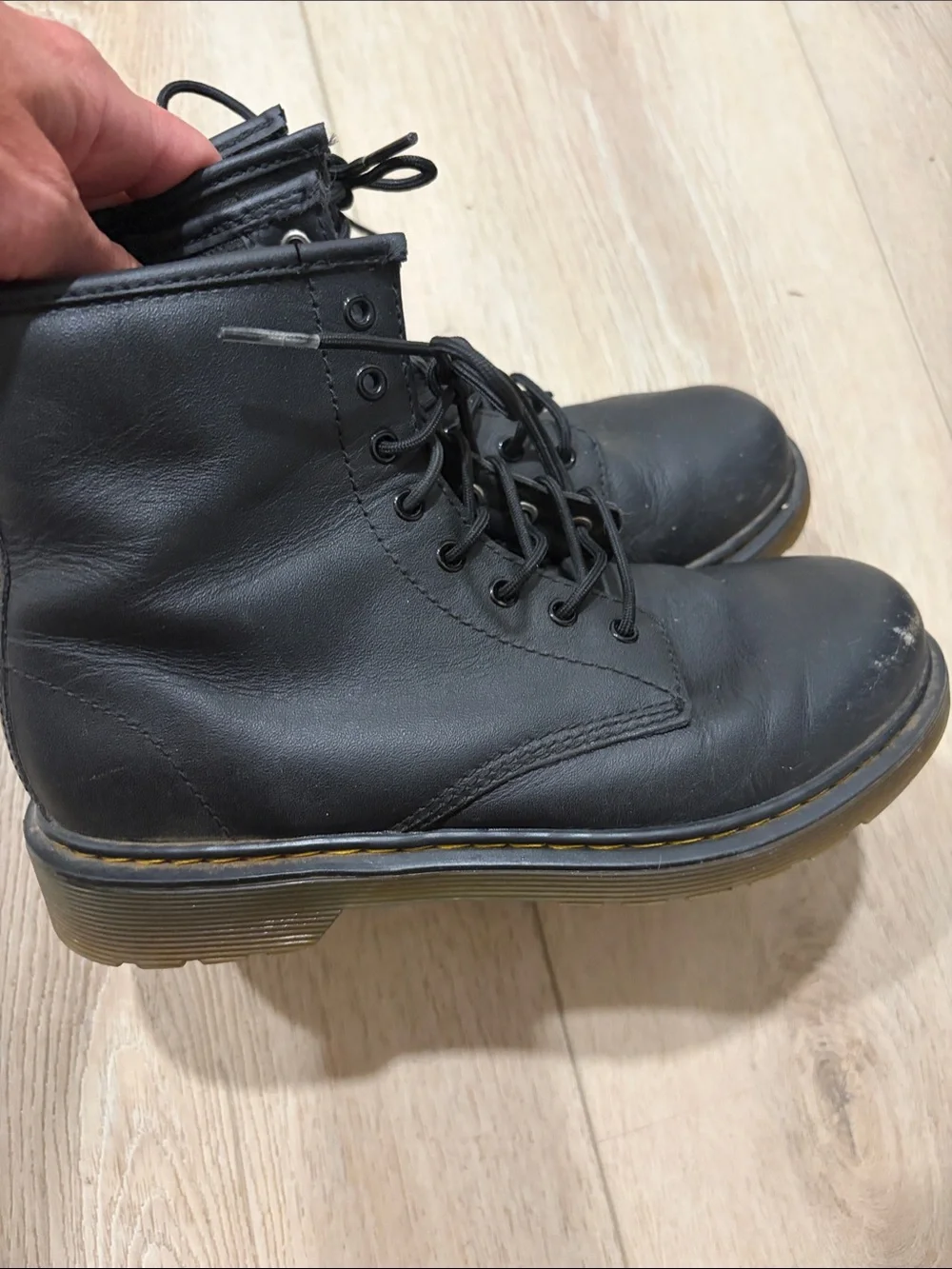 Dr. Martens Black Leather Kids Lace-Up Boots with Yellow Stitching